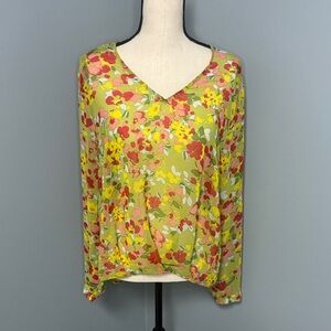 CAbi Women’s Green Floral Sheer V-Neck Blouse Sz L